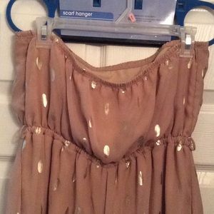 Strapless Hi-Lo Tan & Gold Mini Dress, Sz XL